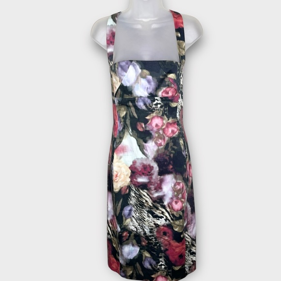 BLACK HALO moody watercolor floral square neck midi pencil sheath dress size 4 - Picture 2 of 6